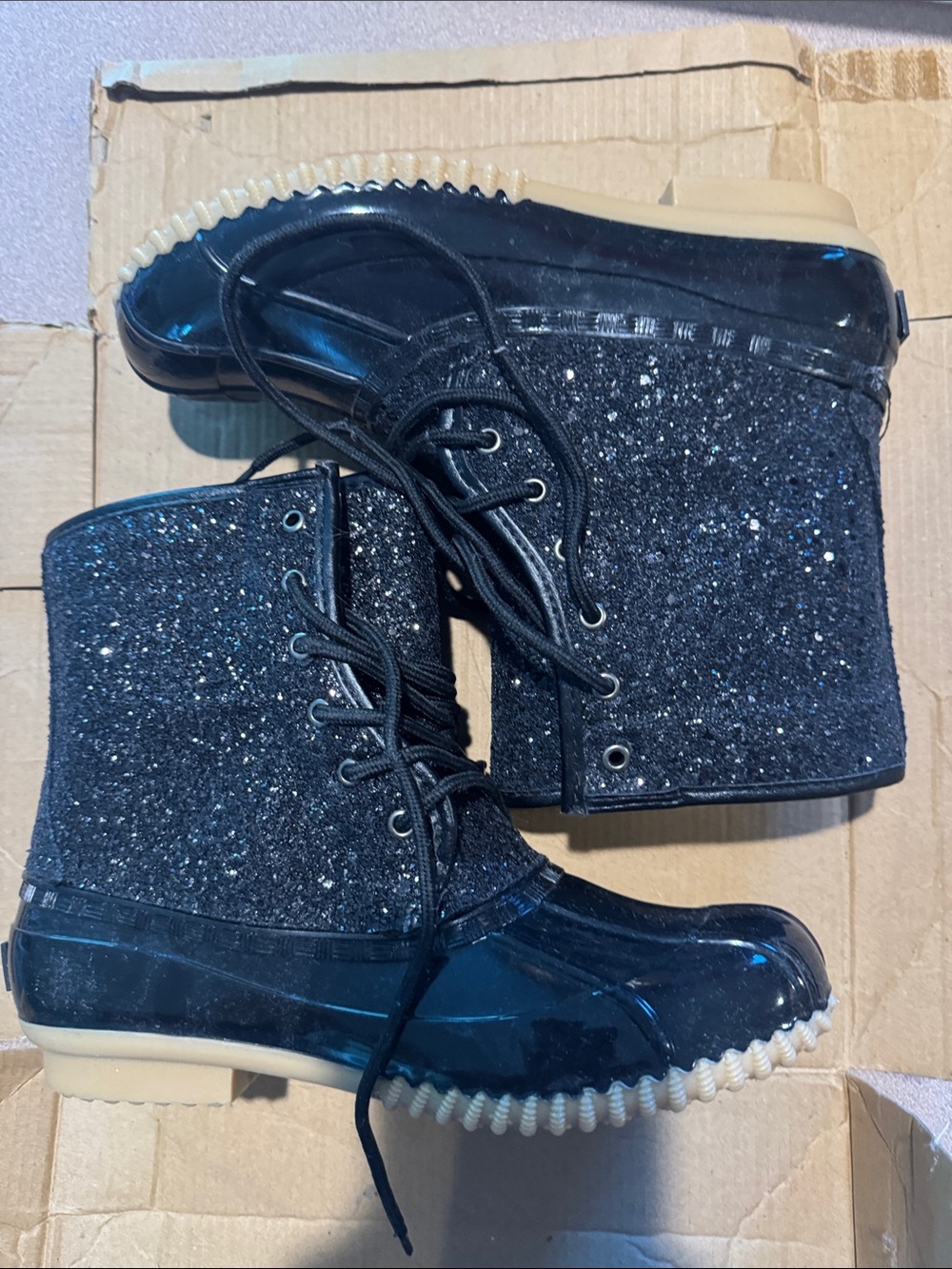 Sugar Black Glitter Lace-Up Duck Boots with Tan Sole